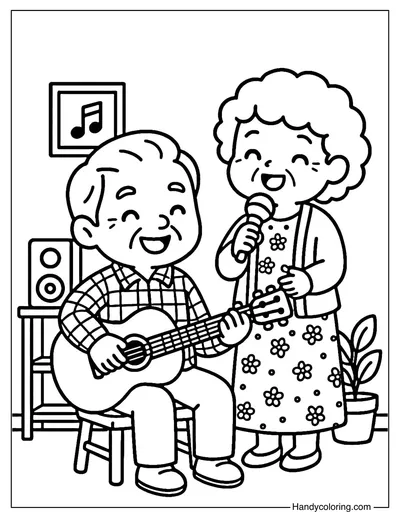 Grandparents Playing Music Coloring Page