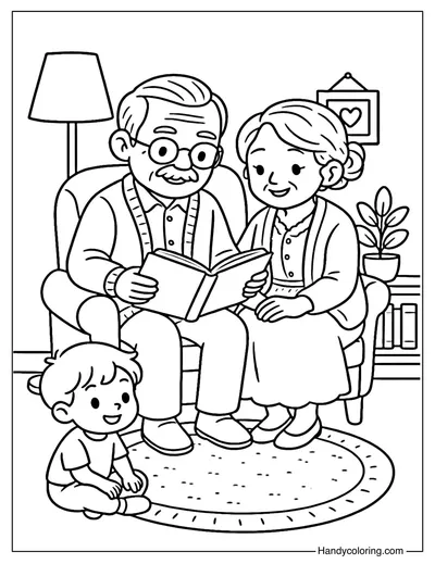 Grandparents Reading to Grandchild Coloring Page