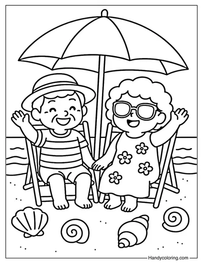 Grandparents Relaxing at the Beach Coloring Page