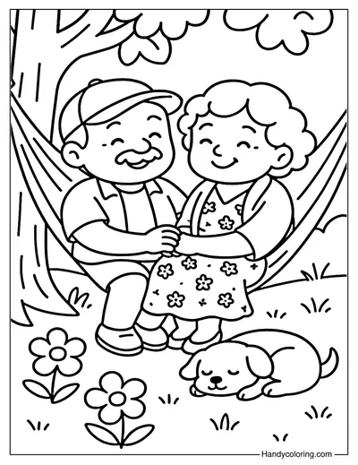 Grandparents Relaxing in Hammock Coloring Page