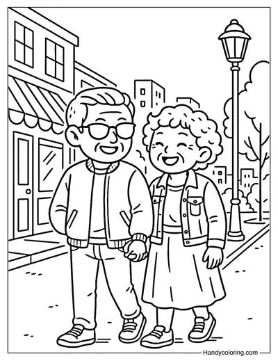 Grandparents Walking Coloring Page