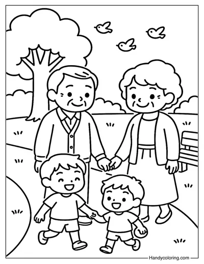 Grandparents Walking in the Park Coloring Page