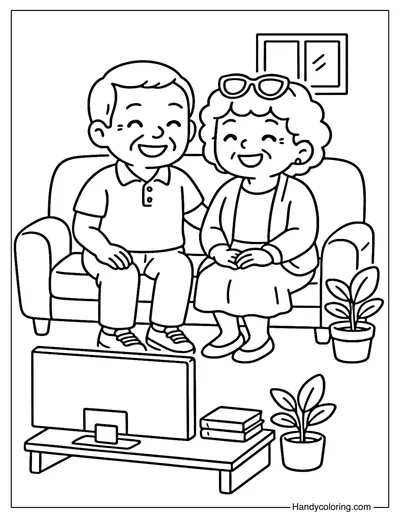 Grandparents Watching TV Coloring Page