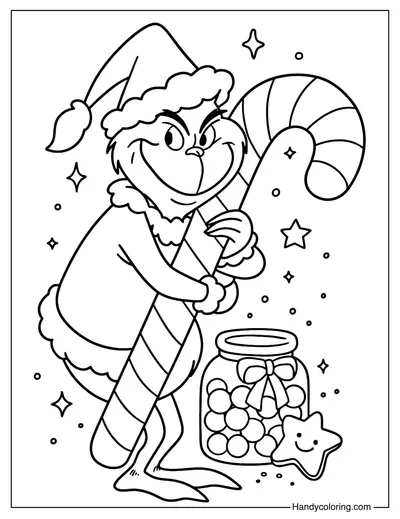 Grinch Holding Candy Cane Coloring Page