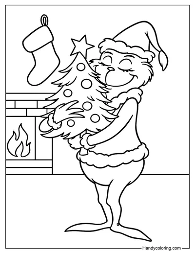 Grinch Hugging Christmas Tree Coloring Page