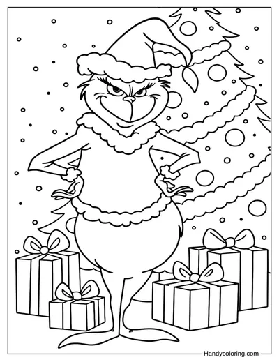 Grinch Santa with Christmas Tree Coloring Page