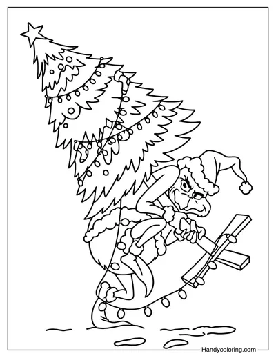 Grinch Stealing the Christmas Tree Coloring Page