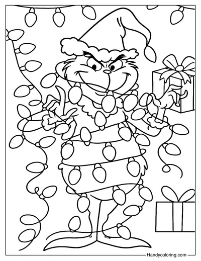 Grinch with Christmas Lights Coloring Page
