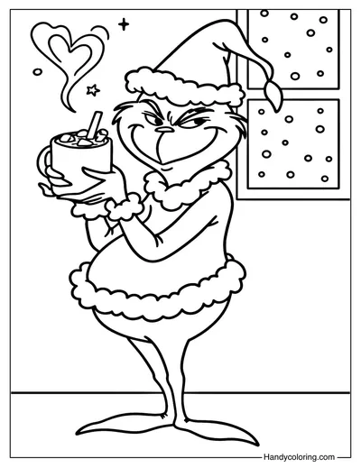 Grinch with Hot Cocoa Coloring Page