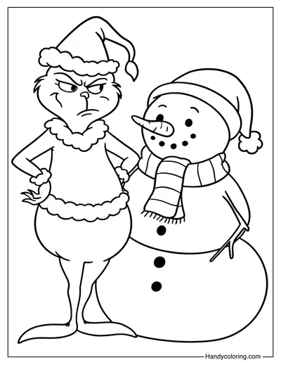 Grinch with Snowman Coloring Page