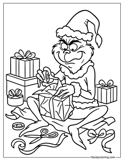 Grinch Wrapping a Gift Box Coloring Page