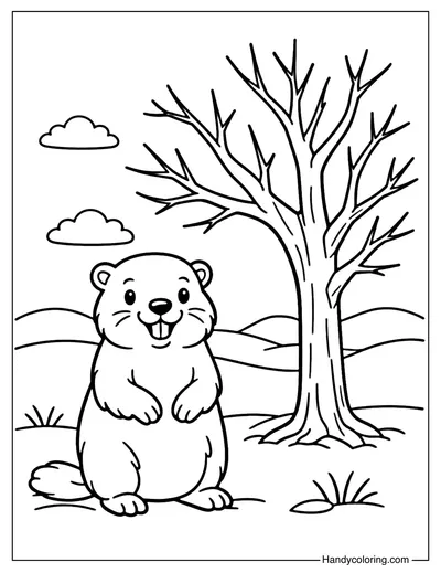 Groundhog by Bare Tree Coloring Page