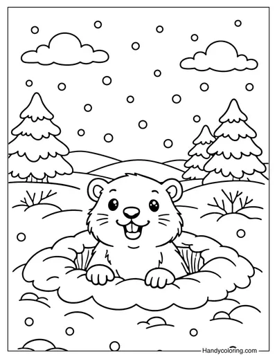 Groundhog in Snowy Burrow Coloring Page