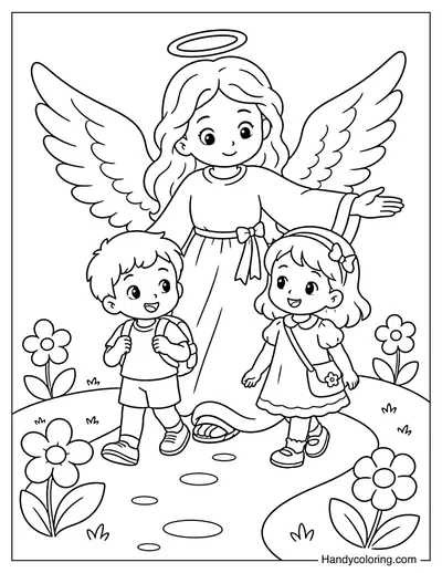 Guardian Angel Walking Beside Two Children