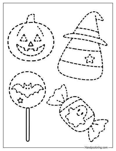 Halloween Candies Tracing Coloring Page