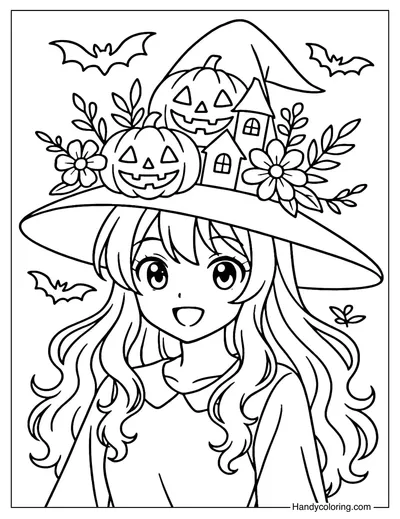 Halloween Hat Witch Girl Coloring Page