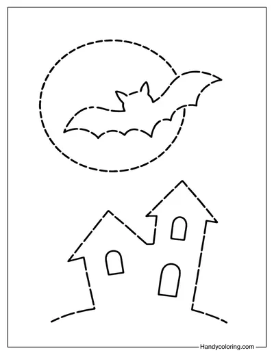 Halloween Moon Scene Tracing Coloring Page