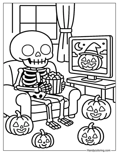 Halloween Movie Night Skeleton Coloring Page