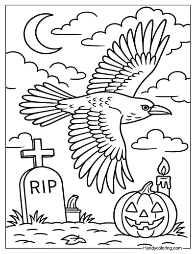 Halloween Night Crow Coloring Page