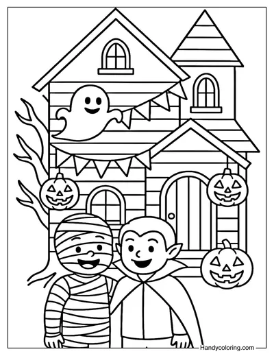 Halloween Party Haunted House Coloring Page