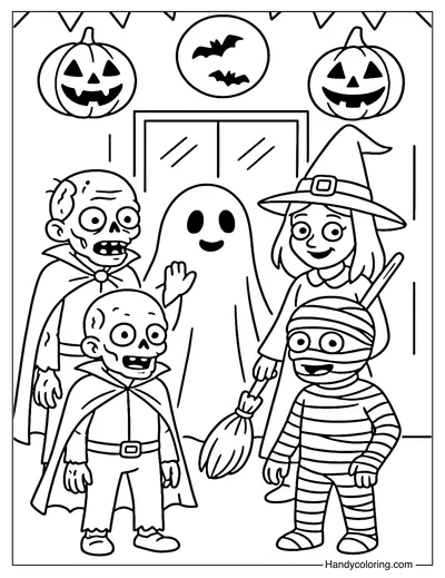 Halloween Party Zombies Coloring Page