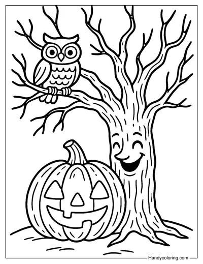 Halloween Pumpkin Haunted Tree Coloring Page