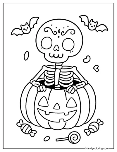 Halloween Pumpkin Skeleton Coloring Page