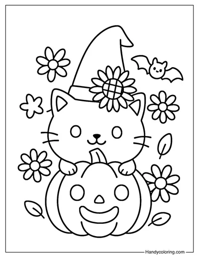 Halloween Pumpkin with Cat Coloring Page