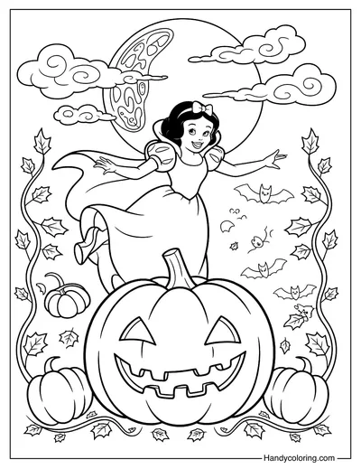 Halloween Snow White with Pumpkin Coloring Page