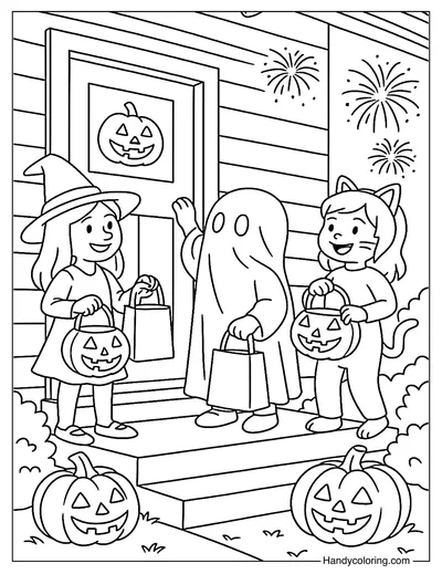 Halloween Trick or Treat in Suburb Coloring Page