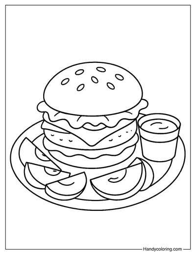 Hamburger and Apple Slices Coloring Page