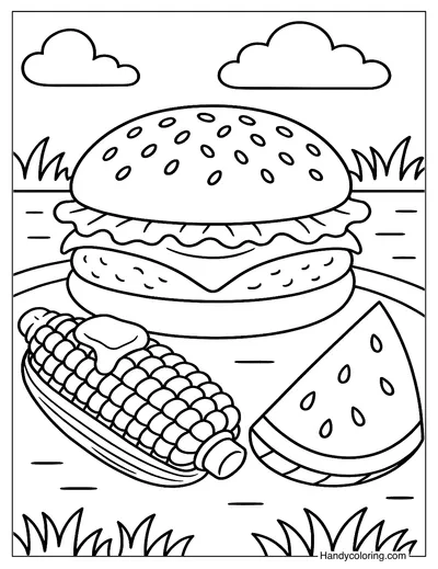 Hamburger and Corn on the Cob Coloring Page