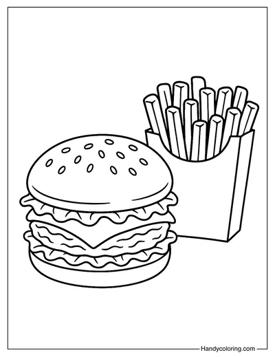 Hamburger And Fries Coloring Page