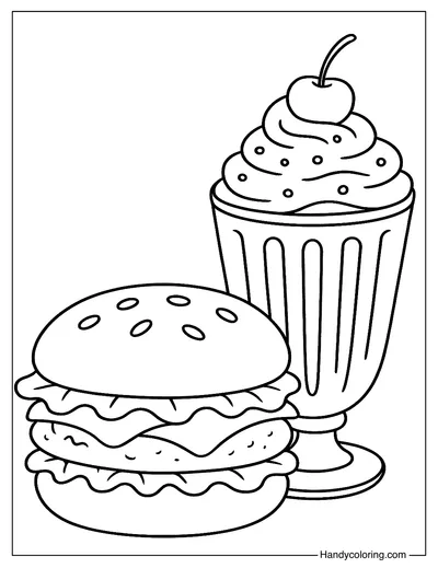 Hamburger and Milkshake Coloring Page