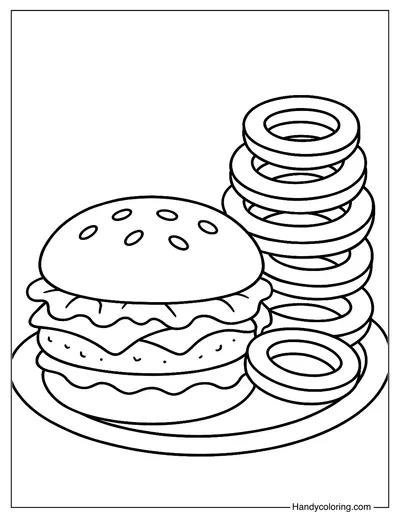 Hamburger and Onion Rings Coloring Page