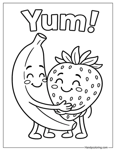 Happy Banana and Strawberry Coloring Page