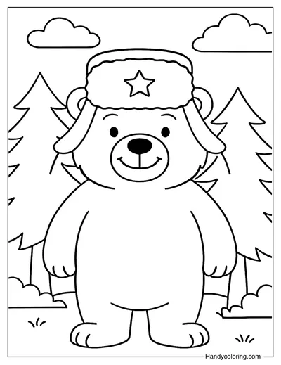 Happy Bear with Russian Hat Coloring Page
