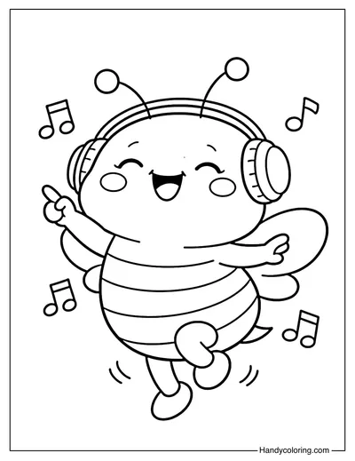 Happy Bee with Headphones Coloring Page