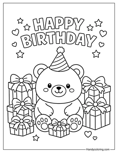 Happy Birthday Bear With Gifts Coloring Page