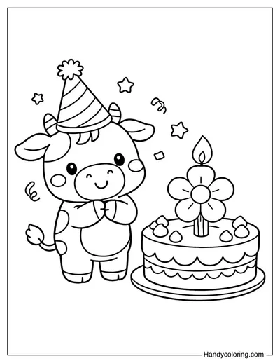 Happy Birthday Cow with Cake and Candle