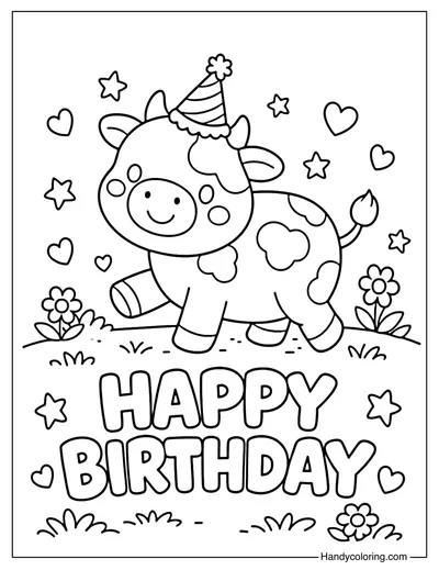 Happy Birthday Cute Cow Coloring Page