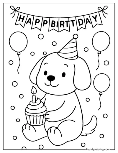 Happy Birthday Dog with Cupcake Coloring Page