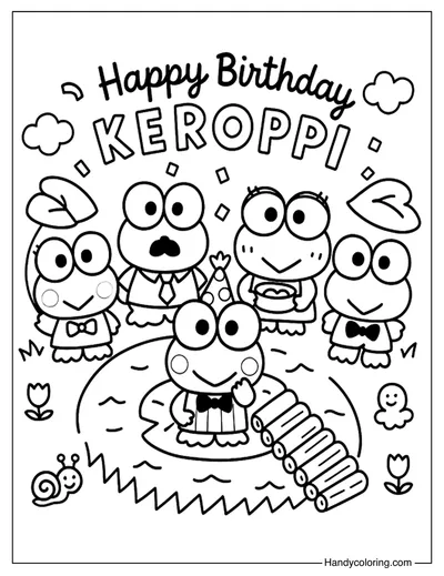 Happy Birthday Keroppi and Friends Coloring Page