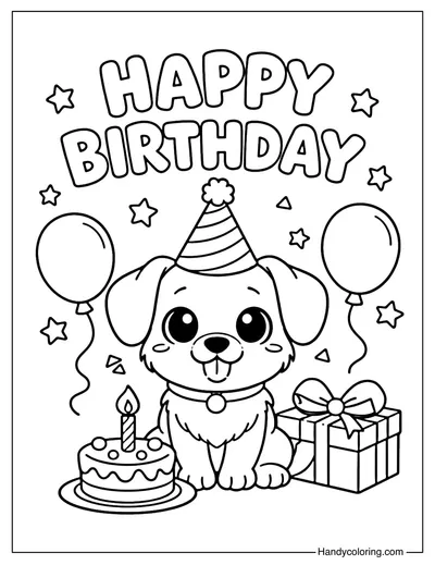 Happy Birthday Puppy Coloring Page