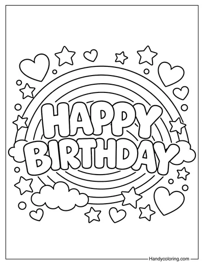 Happy Birthday Rainbow Hearts Coloring Page