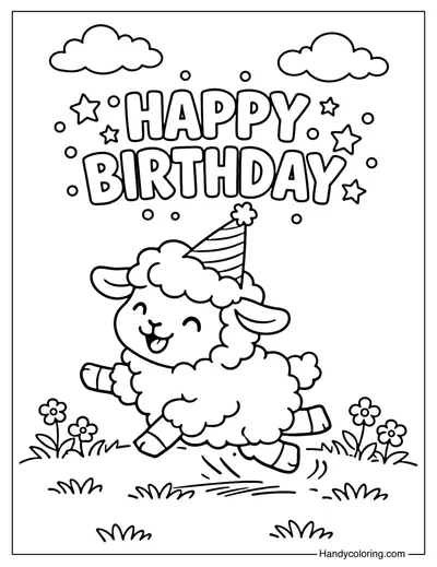 Happy Birthday Sheep Coloring Page