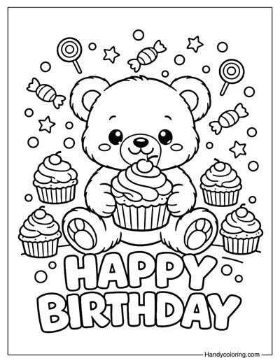Happy Birthday Teddy Bear Cupcakes Coloring Page