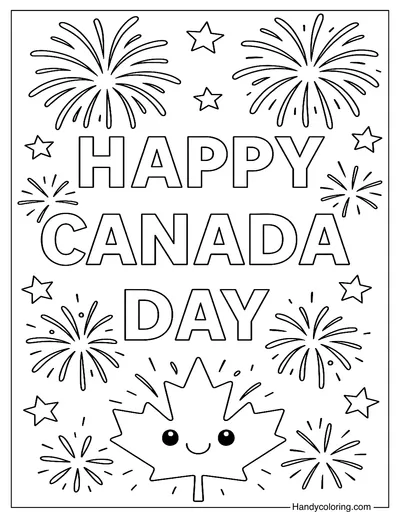 Happy Canada Day with Fireworks Coloring Page