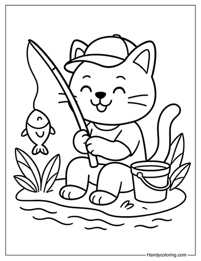 Happy Cat Fishing Coloring Page