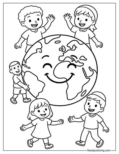Happy Earth and Smiling Kids Coloring Page